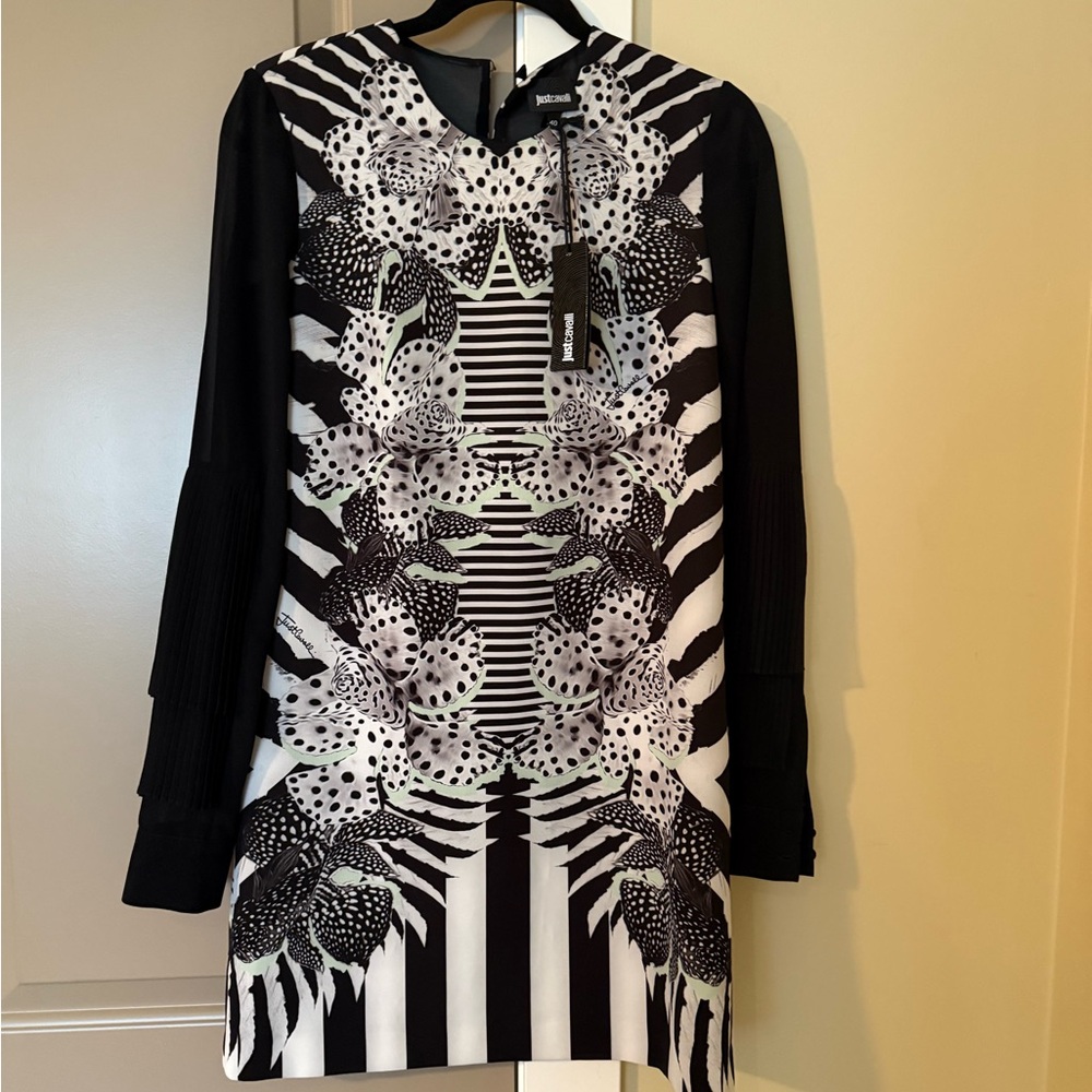 Just Cavalli Monochrome Patterned Long Sleeve IT 40 Dress